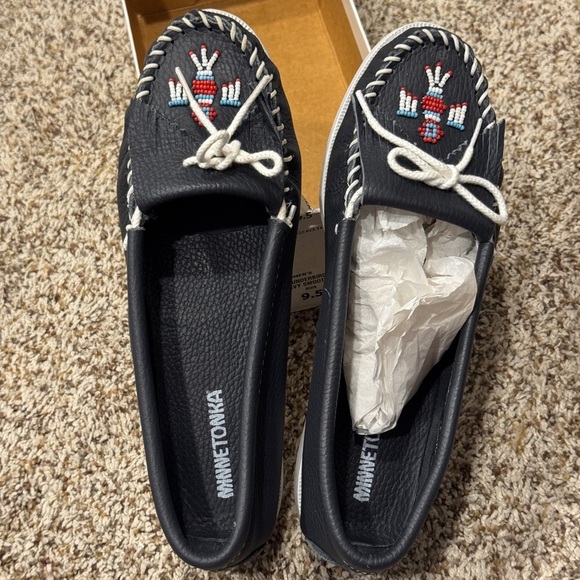 Navy Minnetonka Black Moccasins with Red and Blue Beadwork - Picture 3 of 12